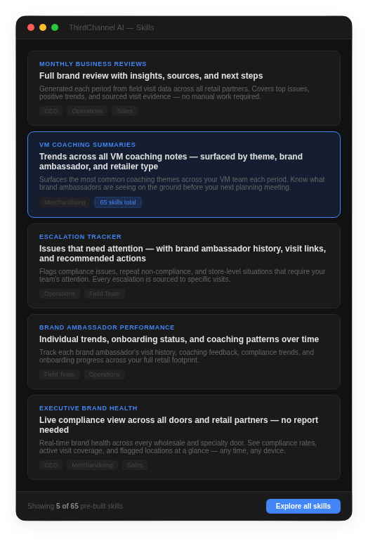 ThirdChannel AI skills panel showing monthly business reviews, escalation tracking, and brand ambassador performance ThirdChannel AI skills panel showing monthly business reviews, escalation tracking, and brand ambassador performance